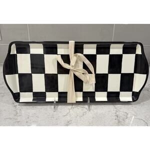 Set 2 Checkered 15” BLACK WHITE Melamine Serving Trays Shiny Finish Platter Tray